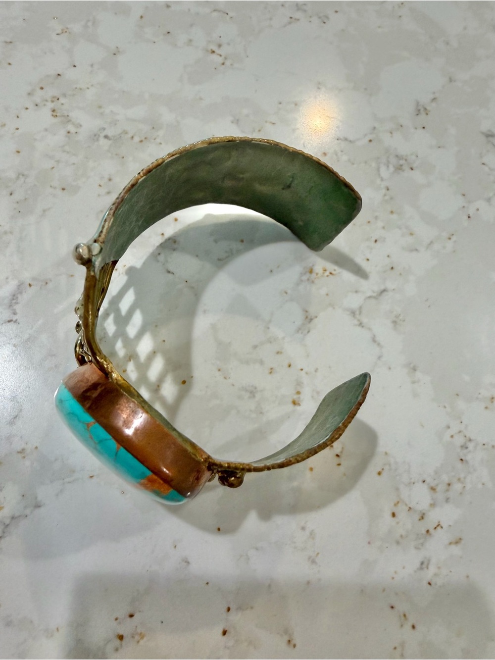 Vintage Mixed Metal Brutalist Turquoise Cuff Bracelet Statement Grid Lattice - Picture 7 of 15